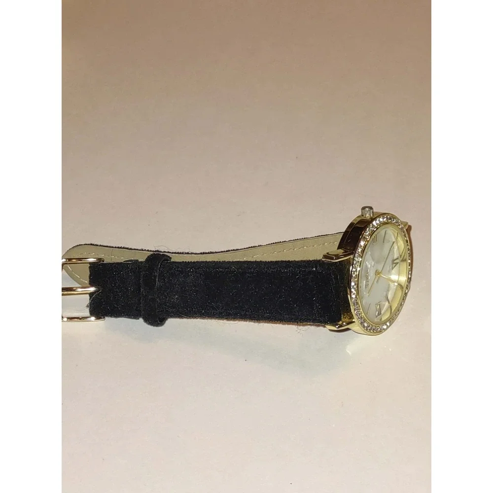 Trelu Womens Gold Tone Watch Faux Mother of Pearl Dial Crystal Bezel Blk Velvet